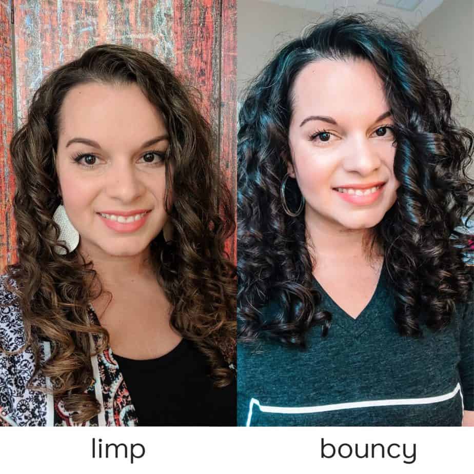 Side by side comparison of limp curls vs bouncy curls