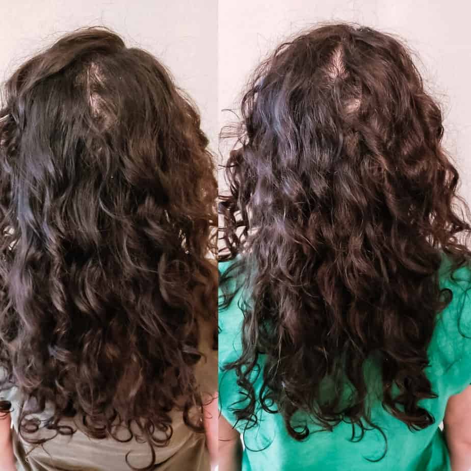 Delilah's low density curly hair shown from the back one is wavy and the other is more defined curls