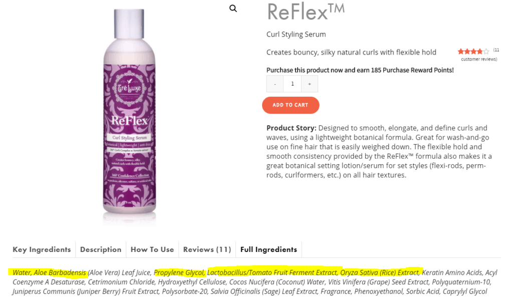 Treluxe brand Reflex lightweight styling curly hair serum and ingredient list highlighting some of the first/top lightweight ingredients in curly hair products