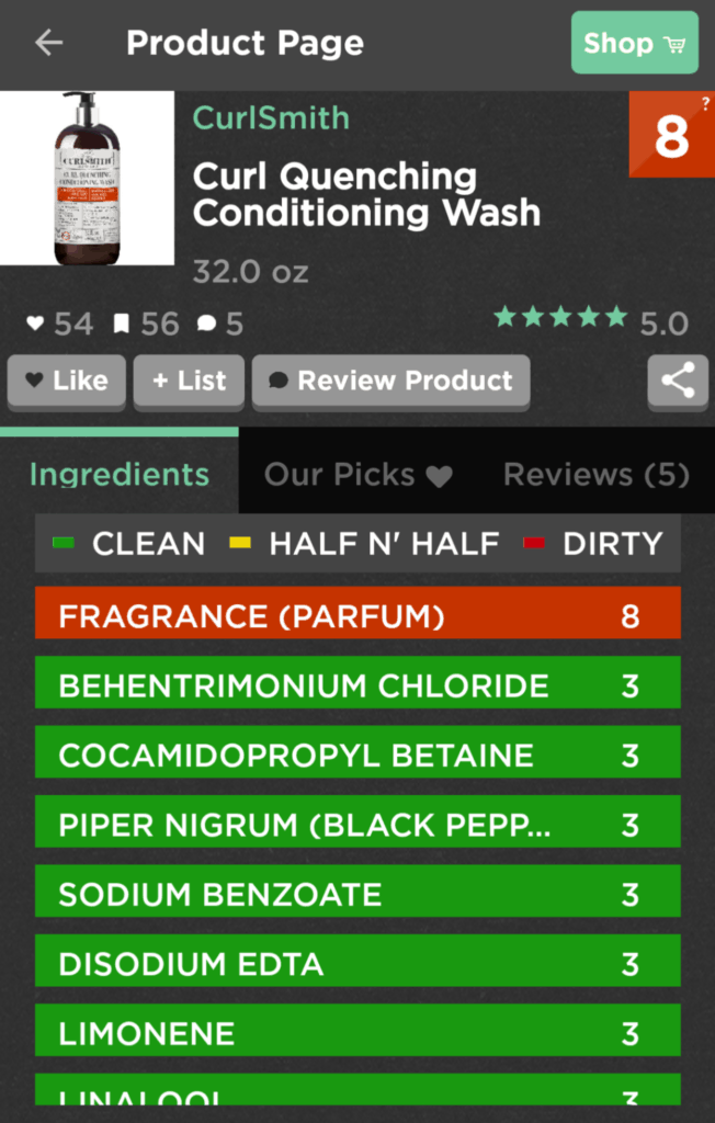 Ingredient app rates product listing clean items and flagging fragrance as possibly "dirty" and a number of clean ingredients