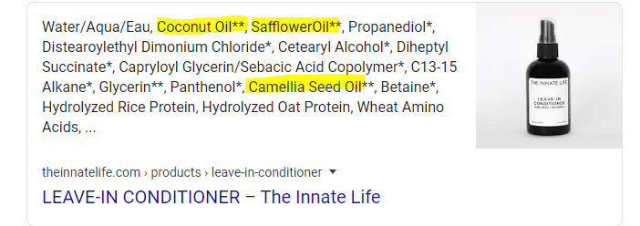 Innate Life brand conditioner with ingredient list highlighting of the  ingredients that would determine if this is a slight or heavy curly hair product