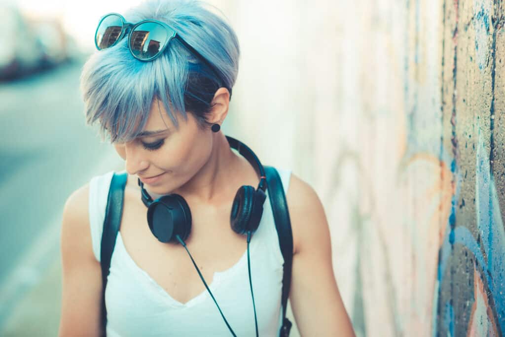 woman with short light blue hair